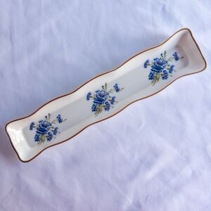 Vintage English Bone China Blue Floral Trinket Tray Gold Trim 8” Made in England
